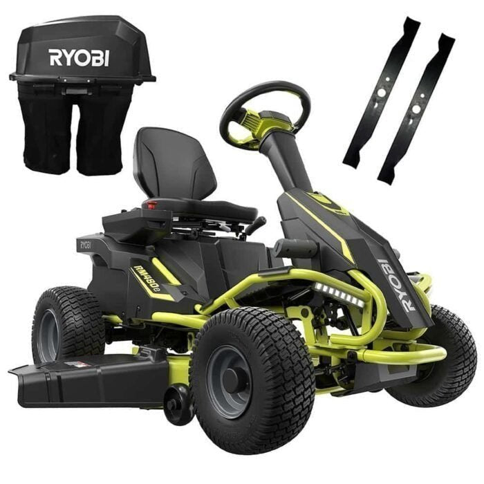 RYOBI 38 in. 100Ah Battery Rear Engine Electric Riding Lawn Mower and Bagging Kit
