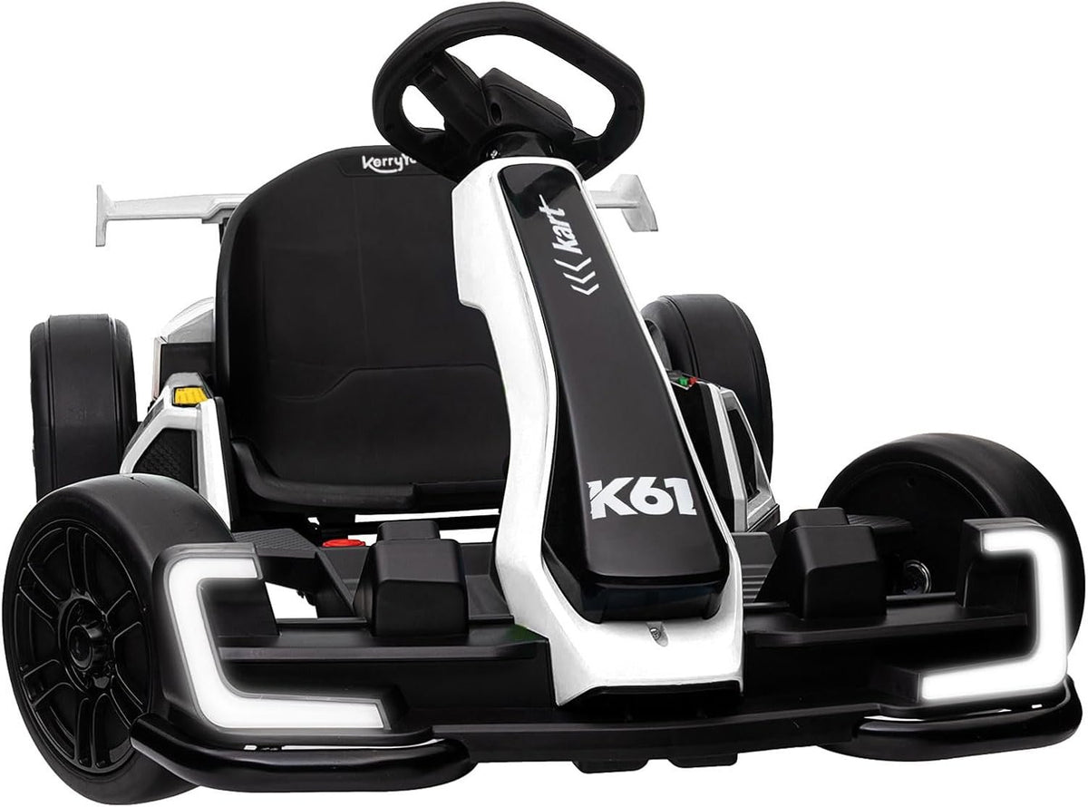 KerryYoo K61 Go Kart Electric Drift Kart with Length Adjustable Seat, 24V Outdoor Ride on Toy with 4 Speed Mode, Crazy Kart for Kids 6-12 Years Old, Fast 300W Motor, 8.5 MPH, Bluetooth - Gray
