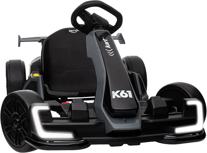 KerryYoo K61 Go Kart Electric Drift Kart with Length Adjustable Seat, 24V Outdoor Ride on Toy with 4 Speed Mode, Crazy Kart for Kids 6-12 Years Old, Fast 300W Motor, 8.5 MPH, Bluetooth - Gray
