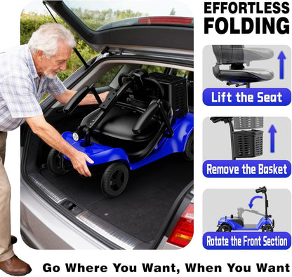 Mobility Scooter,4 Wheel Mobility Scooter,15 Miles Range,300W Motor, 300LBS Capacity,Lightweight and Portable,with LED Headlights and Basket,Charger Included,Blue