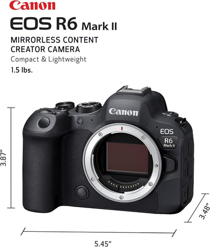 Canon EOS R6 Mark II Mirrorless Camera (Body Only), Full-Frame Camera, 24.2 Megapixel CMOS Sensor, Photo and Video Capabilities, Black | 24.2MP Full-Frame CMOS, Digic X, 5-Axis Ibis Up to 8 Stops, 6K Oversampled 4k60, Raw Burst 30 Fps, Dual UHS-Ii SD Slot
