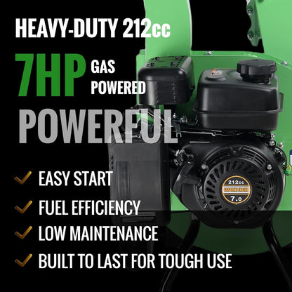 S3 Gas-Powered Wood Chipper Shredder, 7HP, 3" Max Diameter, Heavy Duty