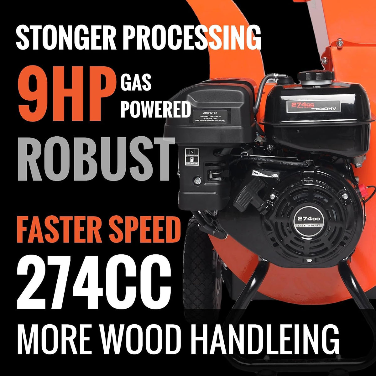 C40 Wood Chipper 4" inch Max Diameter Capacity 9 HP 274cc Gas Powered Engine Heavy Duty Shredder Mulcher