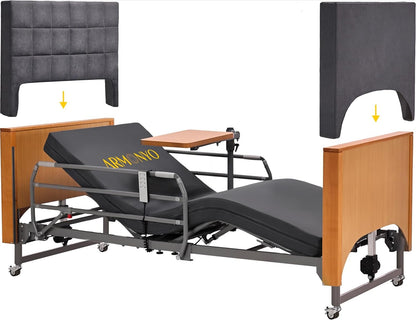 Electric Hospital Bed for Home Use – 5 Functions, Advanced German LIMOSS Motor, Ultra-Low 8.5"–25" Adjustable Height, Double Solid Wood Panels with Medical Overbed Table &amp; Foldable Rails