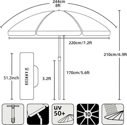 AMMSUN 8FT Beach Umbrella – Tilt, Sand Anchor, UPF 50+ UV Protection