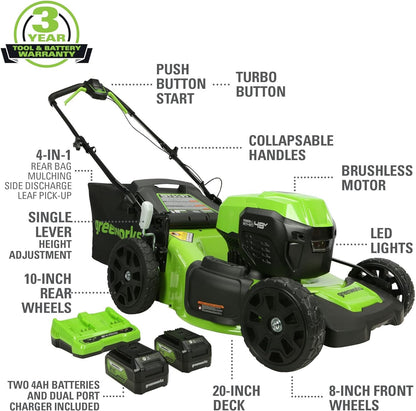 Greenworks 48V (24V x 2) Lawn Care Kit – 20" Mower, 12" Trimmer/Edger, 320 CFM Blower, Batteries Included