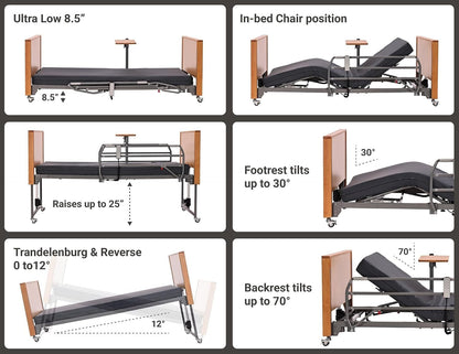 Electric Hospital Bed for Home Use – 5 Functions, Advanced German LIMOSS Motor, Ultra-Low 8.5"–25" Adjustable Height, Double Solid Wood Panels with Medical Overbed Table &amp; Foldable Rails