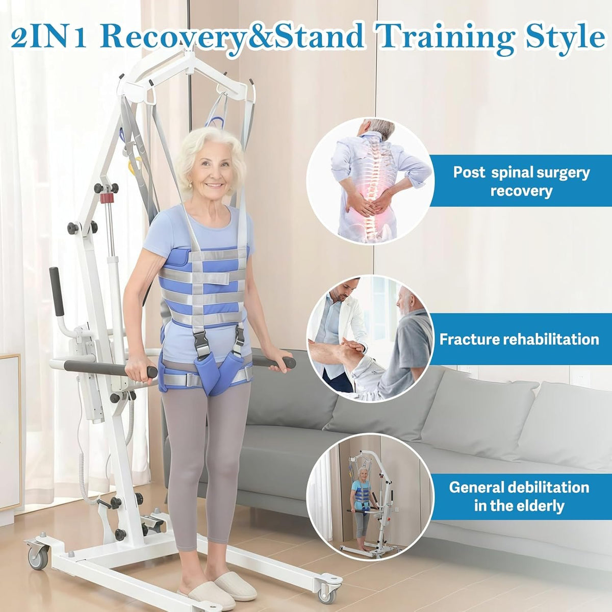 2IN1 Electric Patient Lift with Stand-Up Assist Rehabilitation-2 Slings Included-Multi-Functional Battery Powered Body Transfer Lift for Home,Wheelchair Toilet Car-Elderly, Disabled, Recovery