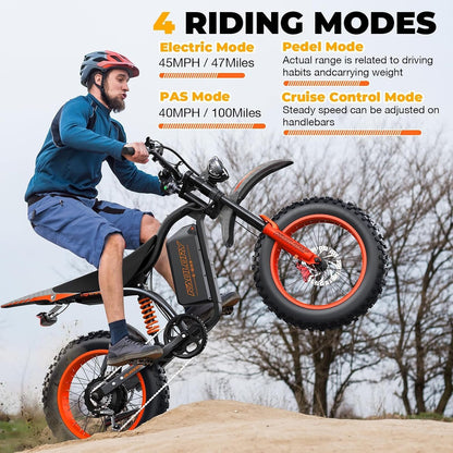 Electric Bike for Adults, 6000W Peak Motor, 67V 36Ah Removable Battery, 45MPH Fast Speed, 110-Mile Range, 45° Climbing Fat Tire Ebike, Full Suspension All-Terrain Electric Bicycle