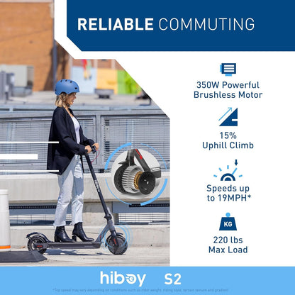 Hiboy S2 Electric Scooter - 8.5" Solid Tires - Up to 17 Miles Long-Range & 19 MPH Portable Folding Commuting Scooter for Adults with Double Braking System and App