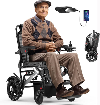 Electric Wheelchairs for Adults Foldable 36LBS Lightweight Frame Airline Approval,15 Miles Range, Max Support 350 LBS, 500W Brushless Motors with LED Light-Silver Color