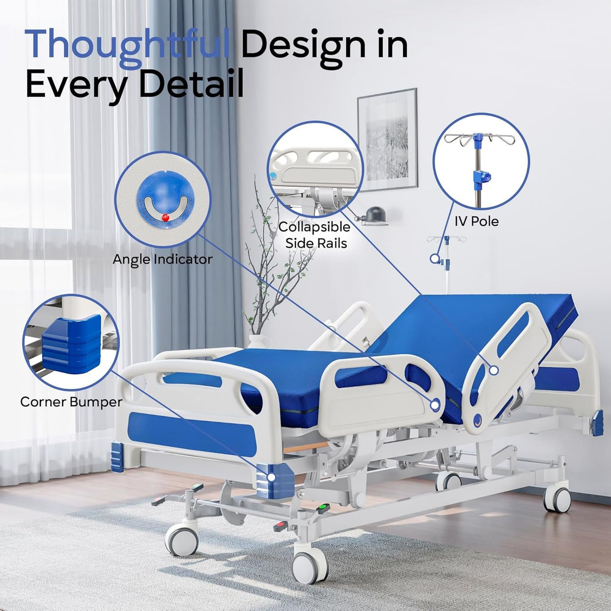 Premium Full Electric Hospital Bed for Home Use, 5 Function Medical Bed with 4.7” Foam Mattress, Height Adjustable, Central Locking System, Includes Sheets (2X) (5 Function)