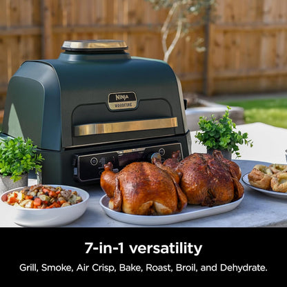 Ninja Woodfire Pro Connect XL Outdoor Grill & Smoker | Bluetooth, App Enabled | 7-in-1 Grill, BBQ Smoker, Outdoor Air Fryer | Woodfire Technology | Built-In Thermometer | Green & Gold | OG951GN2