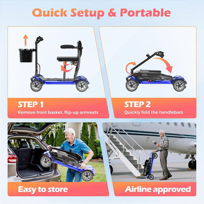 Lightweight Mobility Scooter for Adults &amp; Seniors - Cruise &amp; Airport Approved, 43lb Foldable Portable Motorized Scooters with Removable Lithium Battery for 12.4 Miles Travel, 300lb Capacity, Blue