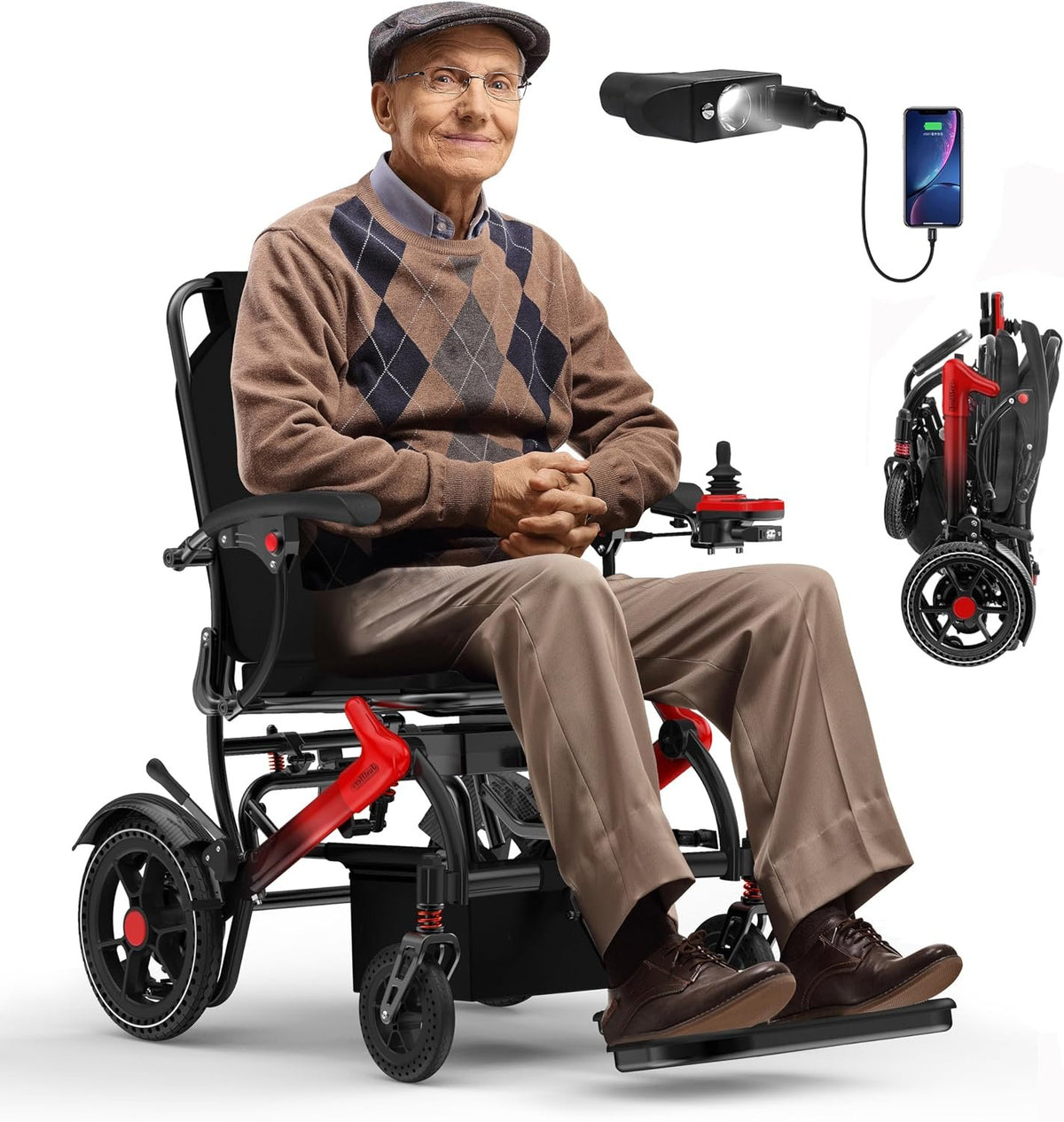 Electric Wheelchairs for Adults Foldable 36LBS Lightweight Frame Airline Approval,15 Miles Range, Max Support 350 LBS, 500W Brushless Motors with LED Light-Silver Color