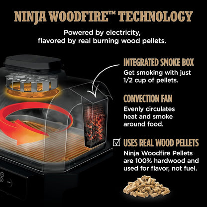 Ninja | Grill & Smoker | Outdoor Woodfire Pro XL | 4 in 1 Grill, BBQ Smoker, Air Fryer & Bake | Portable | Includes Built in Thermometer & 2 Woodfire Pellet Packs | Dark Grey | OG850