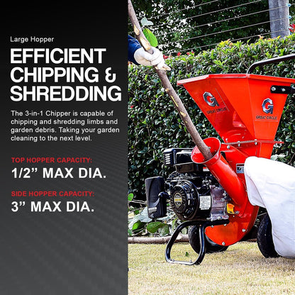 GreatCircleUSA Gas Wood Chipper Shredder Mulcher, 3" Max Diameter, 3-in-1, EPA/CARB Certified