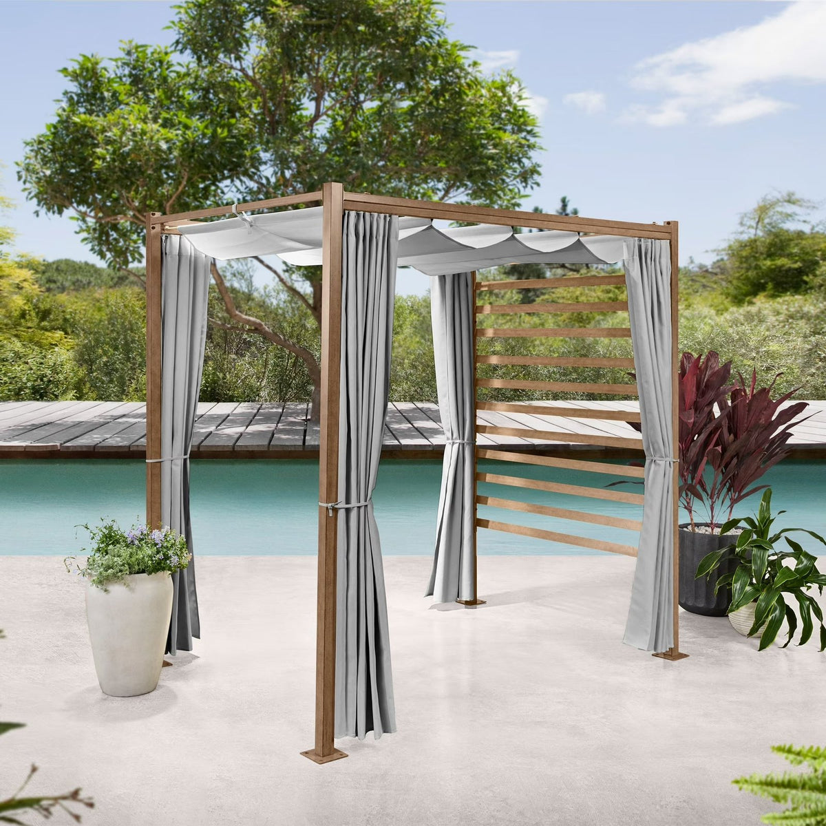 Marlow Pergola with Retractable Curtains and Faux Wood Finish, Grey