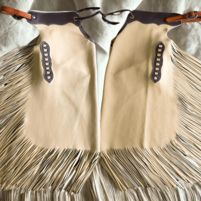 Beige Leather Cowboy Shotgun Chaps with Dark Accent