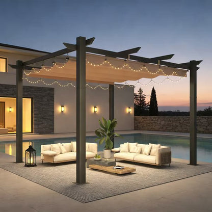 10' X 12' Outdoor Pergola With Retractable Canopy, Heavy-Duty Metal Frame And Adjustable Patio Shade Roof