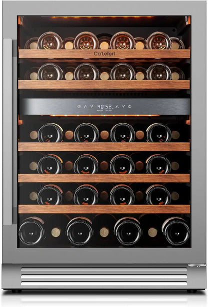 24 Inch Wine Fridge, 52 Bottle Wine Refrigerator, 40-65°F Dual Zone Wine cooler,3 Color LED, Built-in for Home/Bar - Stainless Steel