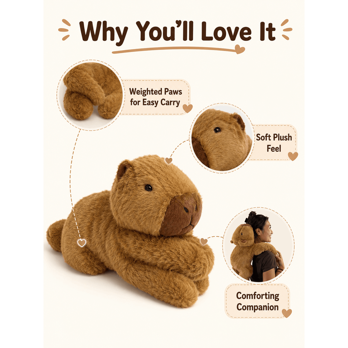 60 cm weighted brown capybara plush toy, product image 4