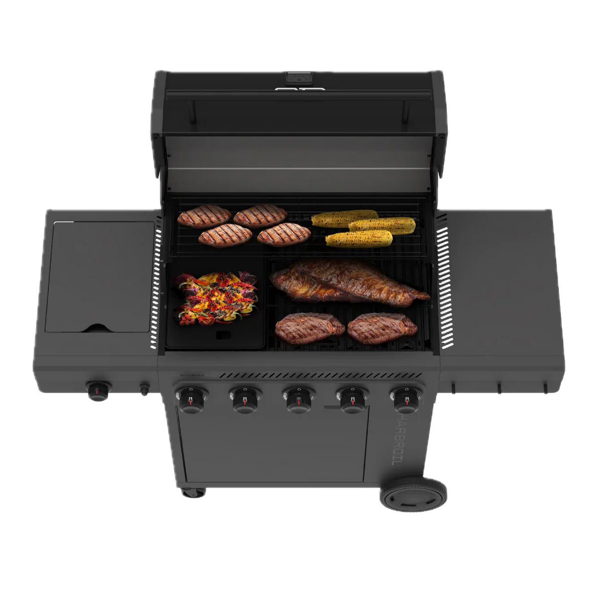 5 Burner Gas Grill Cabinet with Side Burner and 12" Griddle Black Gray