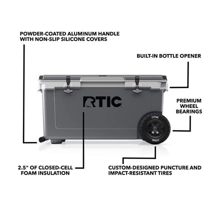 Wheeled Hard-Sided Ice Chest Cooler, Ultra-Light, Fits 96 Cans, Grey